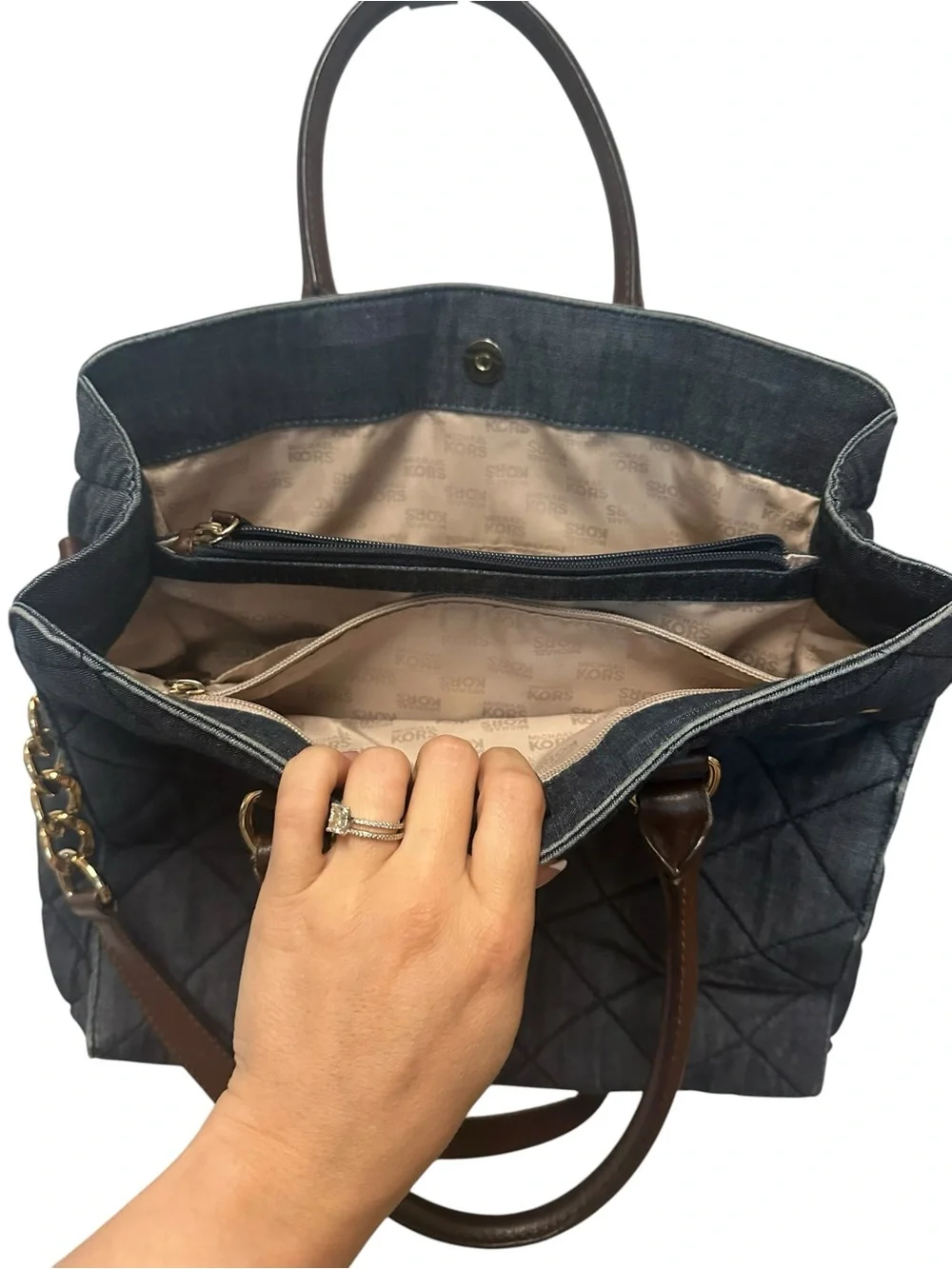 Michael Kors Quilted denim Tote Bag with Brown Trim